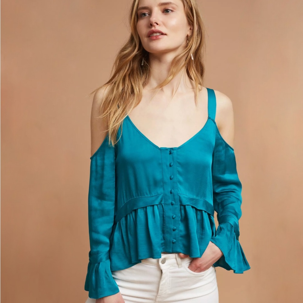 Anthropologie Maeve Bygones Open-Shoulder Blouse in Turquoise